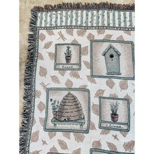 Vintage Pfaltzgraff Naturewood Woven Throw Blanket Afghan Birdhouse Garden 49x60